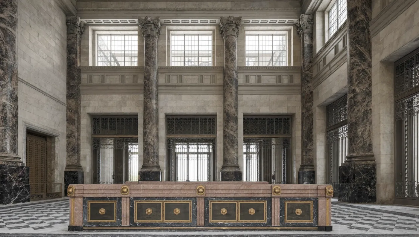 Institutional banking hall in a finance-district building.