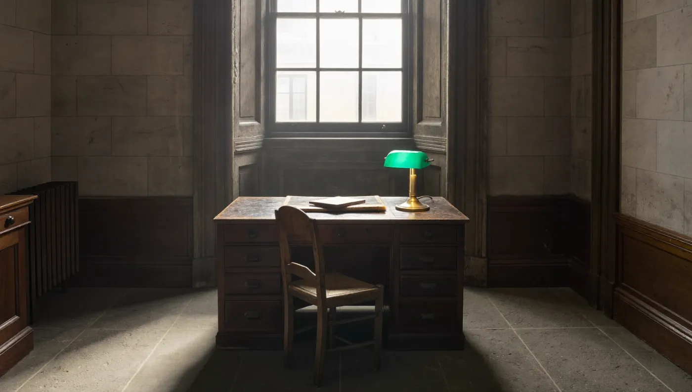 Institutional underwriting desk with a brass lamp and bound files.